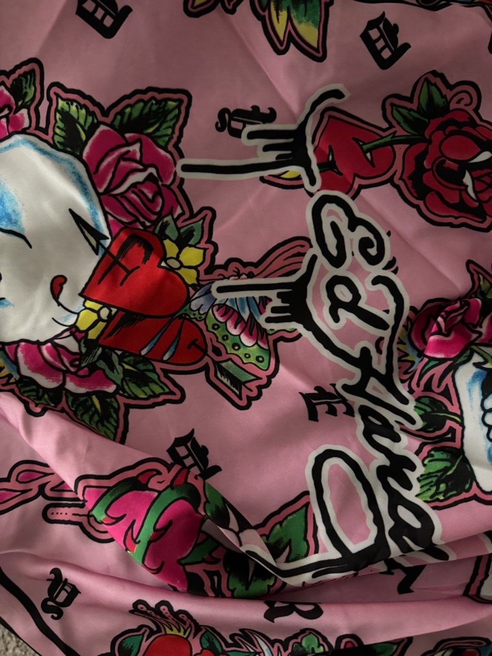 Ed Hardy Pink Floral Tattoo Print Scarf with Red and Green Accents
